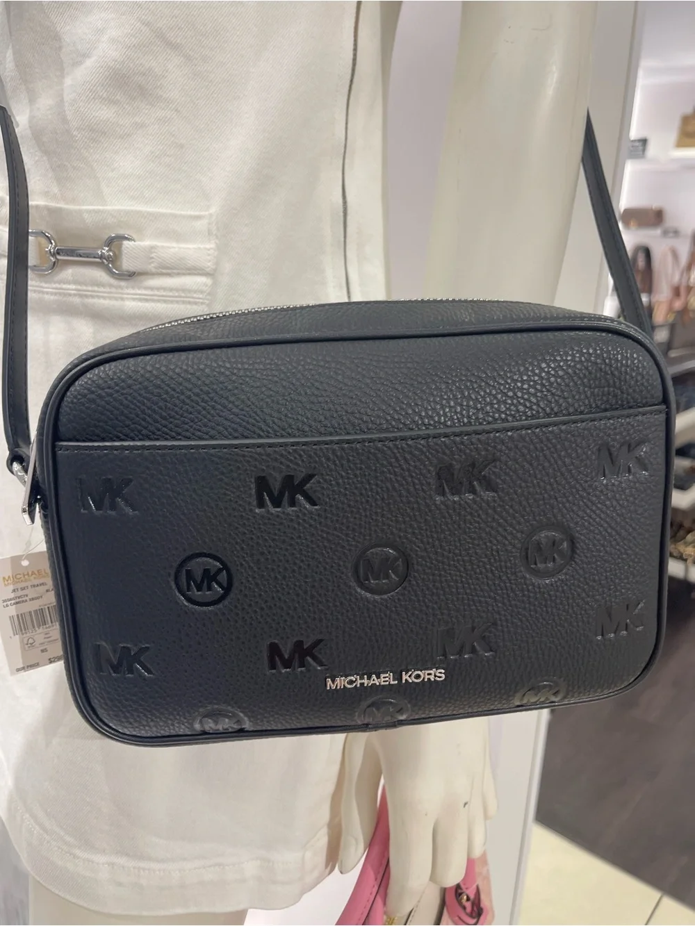 Michael Kors Jet Set Travel Larg Logo Debossed EW Camera Crossbody Bag Black NWT